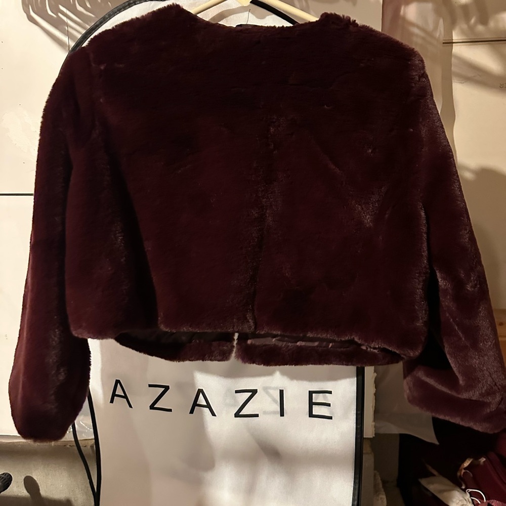 Wine colored crop fox fur dress coat with little hook - Picture 3 of 4